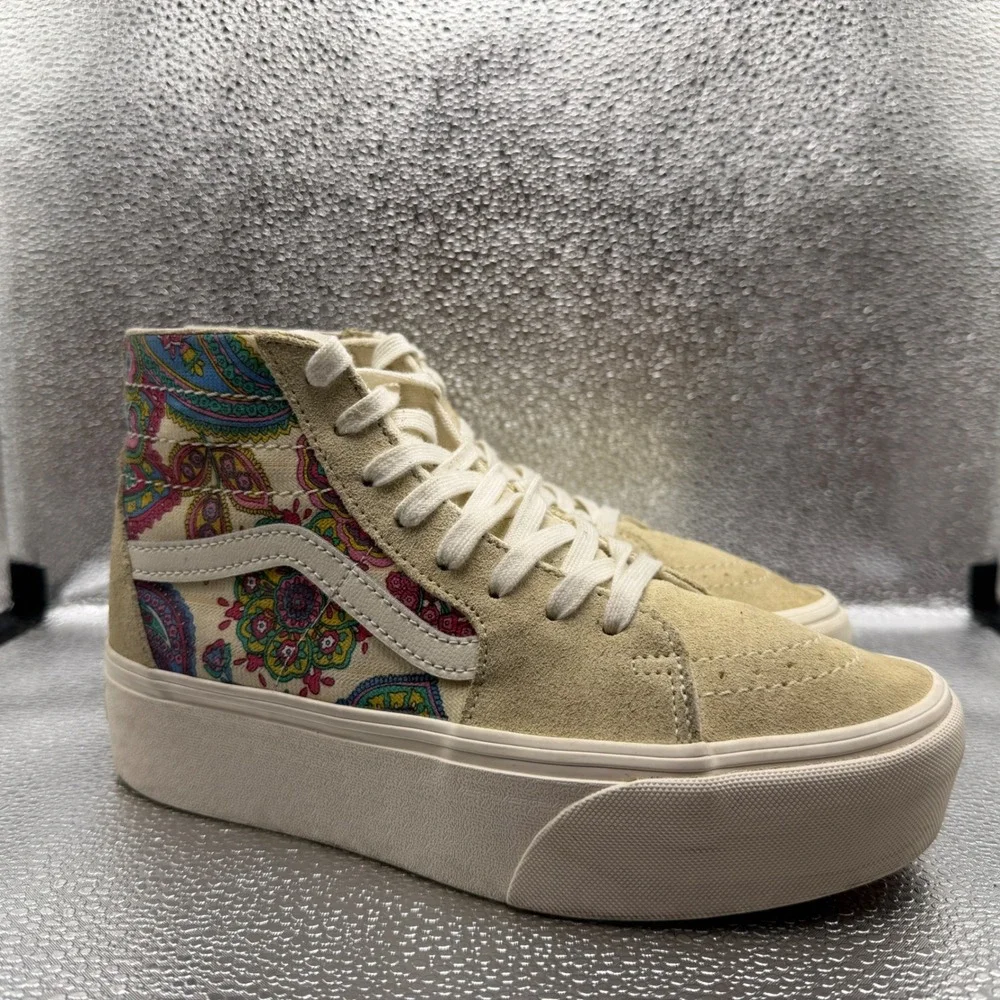 Size 8 Vans Sk8-Hi Stacked Sneakers Womens Tan Paisley Platform HighTop